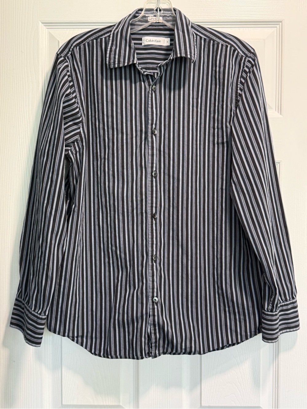 Calvin Klein Men's Black, White, & Blue Vertical Stripe Dress Shirt